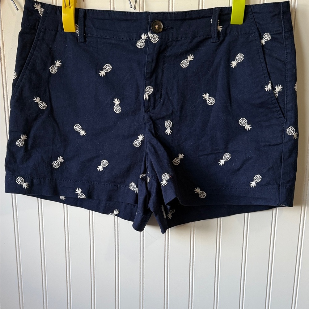Women's Navy Pineapple Embroidered Cotton Shorts loft ladies 10